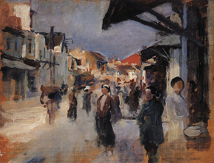 "Phố của những người đổi tiền" (Rue des Changeurs - phố Hàng Bạc ngày nay), tranh sơn dầu của Victor Tardieu. Victor Tardieu (1870- 1937) là một họa sĩ người Pháp đã đóng góp công sức rất lớn cho việc xây dựng nền mỹ thuật hiện đại Việt Nam.