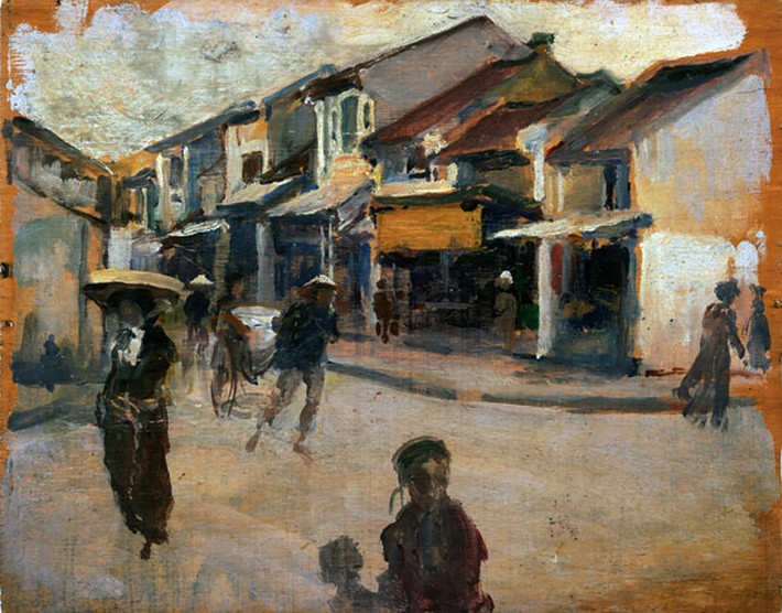 "Một góc phố ở Hà Nội", phác họa màu bằng sơn dầu, Victor Tardieu, 1921. Đến với nghệ thuật hội họa từ rất sớm, thời trẻ Victor Tardieu đã theo học tại Trường Mỹ thuật Lyon và Trường Mỹ thuật Paris. Khi còn ở Pháp, ông đã giành được nhiều giải thưởng cao quý.