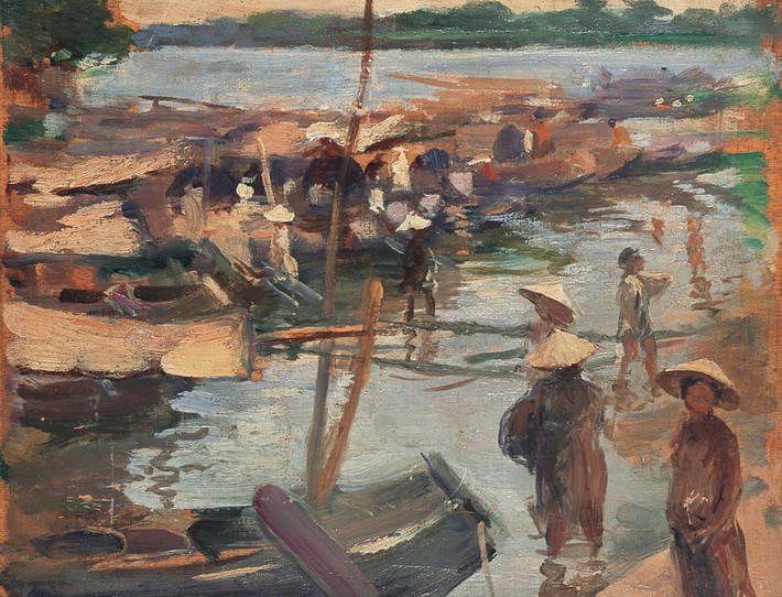 "Chợ bên sông", sơn dầu, Victor Tardieu, khoảng năm 1924. Khi Thế chiến I kết thúc, Tardieu nhận giải thưởng Indochine (Đông Dương) cho các tác phẩm của mình. Phần thưởng là một chuyến viễn du tới xứ Đông Dương trong vòng một năm.