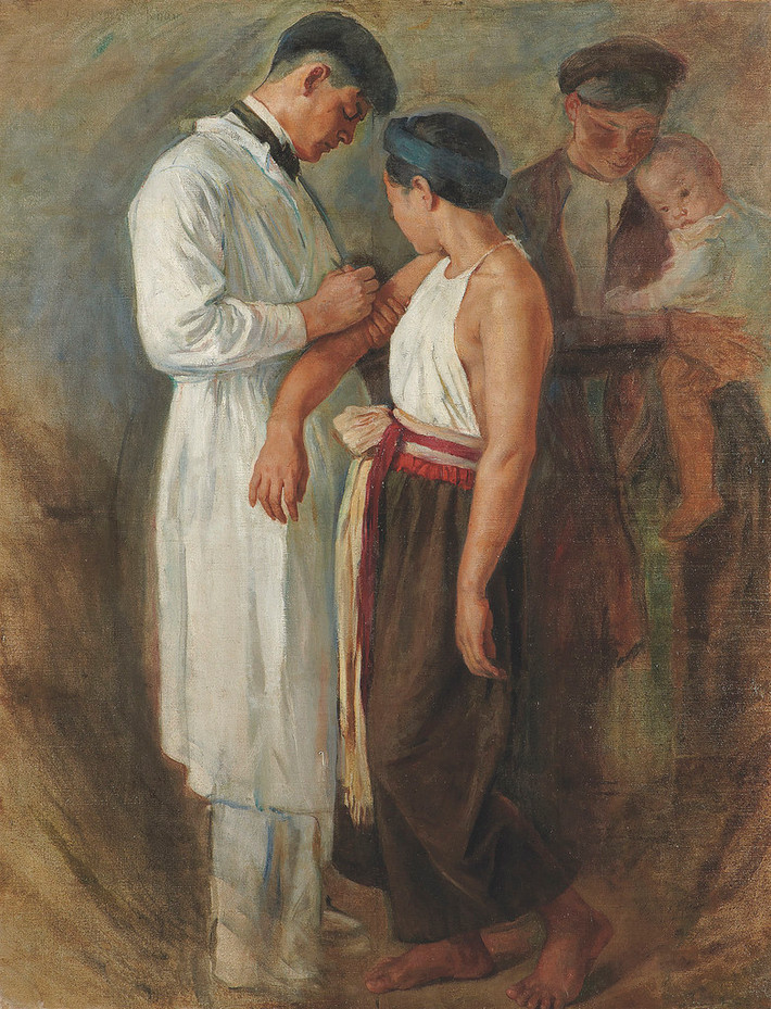 "Tiêm vắc-xin", sơn dầu, Victor Tardieu, khoảng năm 1923. Quá trình vẽ bức tranh lớn cho Đại học Đông Dương cũng là thời gian Victor Tardieu bị văn hóa Việt Nam mê hoặc. Ông hoà nhập cuộc sống nơi đây và nhận ra ở một số thanh niên Việt Nam cũng có tài năng và sự đam mê hội họa.