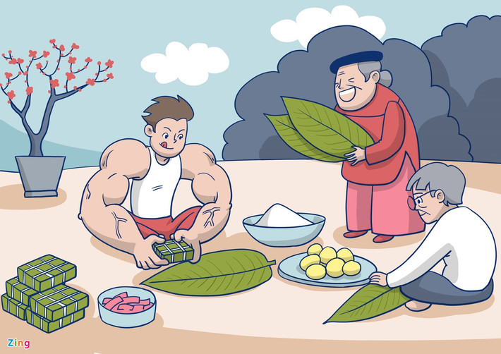 Tết là gói bánh chưng “to tay”: Ngồi hàng tiếng đồng hồ để cặm cụi gói từng chiếc bánh chưng sao cho đẹp mắt là công việc chẳng những đòi hỏi sự khéo tay mà còn cả sức khoẻ dẻo dai. Thế nhưng, đây lại là công việc mà bạn trẻ luôn sẵn lòng xắn tay áo phụ giúp bố mẹ, ông bà, dù có phải đổ mồ hôi hay mỏi nhừ cổ tay, vai gáy.