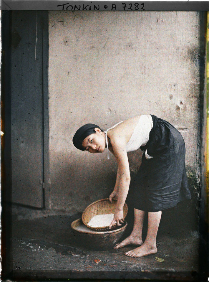 Cô gái trẻ trong một nhà giàu có ở Hà Nội đang vo gạo.