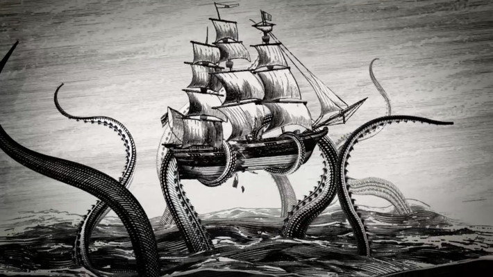 Theo truyền thuyết của người đi biển Bắc Âu, quái vật Kraken là một con bạch tuộc khổng lồ thường dùng vòi khống chế các con tàu và ăn tươi nuốt sống các thủy thủ. Ảnh: Fubiz Media.