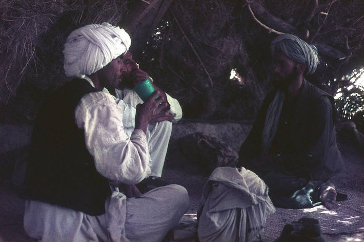 Nam giới Afghanistan uống trà dưới bóng cây.