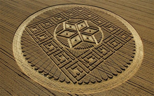 Tạo ra bởi con người: Crop circles có thể là tác phẩm của các nghệ sĩ hoặc những người đam mê, sử dụng dây và bảng gỗ để dập cây xuống theo các mẫu phức tạp trong đêm. Ở Anh thập niên 1980, Doug Bower và Dave Chorley đã tự nhận làm giả hàng trăm crop circles. Ảnh: Pinterest.