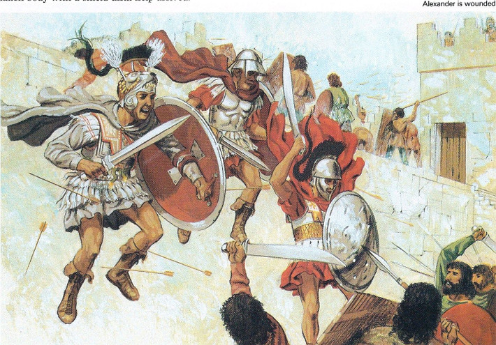 9. Trận chiến với các bộ lạc Mallian. Trên đường trở về, Alexander bị thương nặng trong một cuộc tấn công vào thành phố của bộ lạc Mallian, suýt mất mạng vì bị bắn trúng ngực. Ảnh: Pinterest.