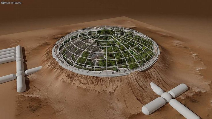 7. Khí hậu khắc nghiệt của Sao Hỏa. Nhiệt độ trung bình trên Sao Hỏa là khoảng -60°C, khí quyển chứa chủ yếu là CO2, và áp suất không khí rất thấp. Musk đã đề xuất sử dụng các mái vòm kính và các công nghệ sưởi ấm để tạo môi trường sống. Ảnh: Pinterest.