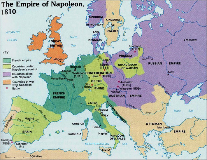 Nước Pháp dưới thời Napoleon đại đế đã trở thành đế quốc chi phối toàn châu Âu. Tuy nhiên, những những tổn thất trên bán đảo Iberia, cuộc chinh phạt thảm họa ở Nga và thất bại trong trận chiến Waterloo khiến Napoleon phải thoái vị, để đế quốc Pháp tan rã.