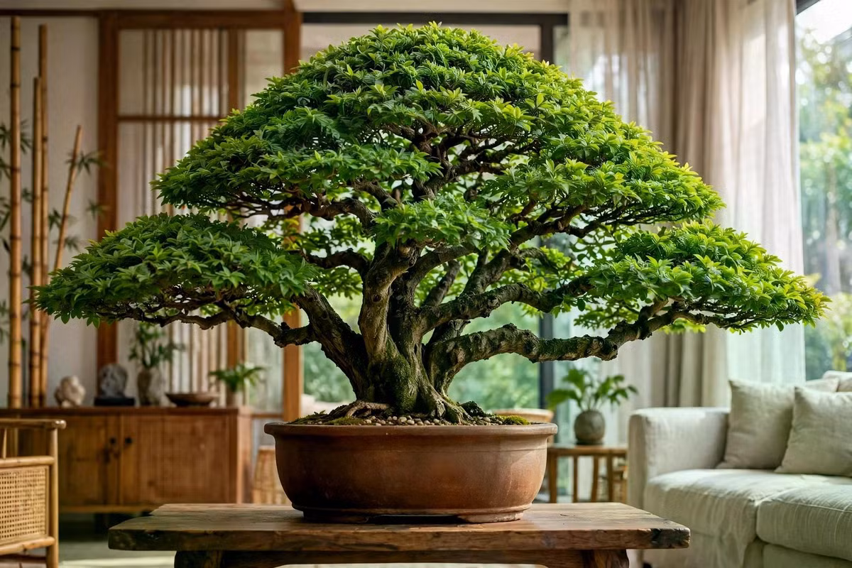 Dáng cây cảnh bonsai long não cổ kính.
