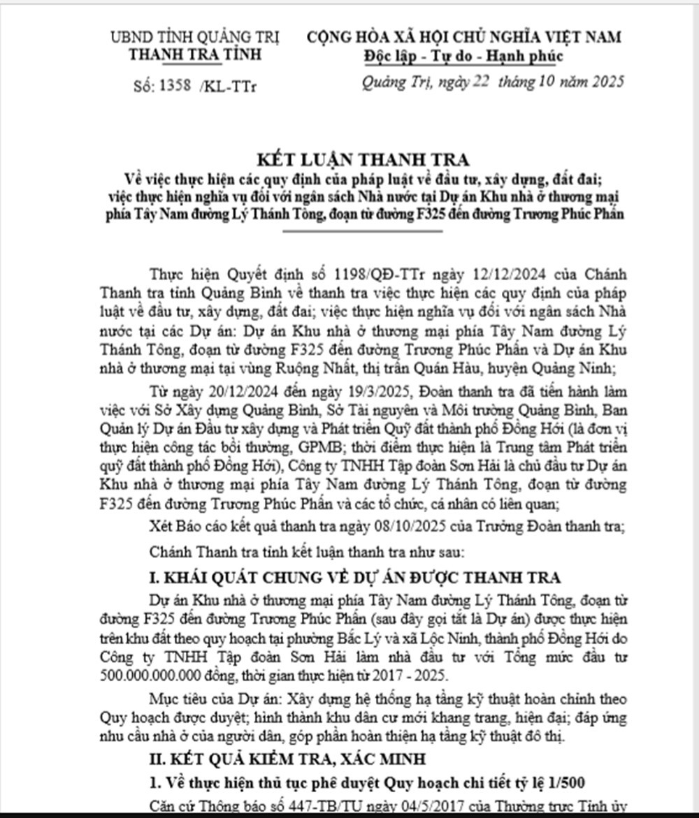 Một phần kết luận thanh tra tại dự án khu nhà ở thương mại phía Tây Nam đường Lý Thánh Tông, đoạn từ đường F325 đến đường Trương Phúc Phấn. d.jpg