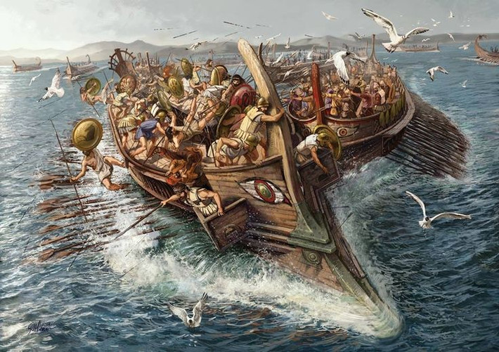 8. Trận Salamis được coi là bước ngoặt bảo vệ nền văn minh phương Tây. Nếu Ba Tư chiến thắng, lịch sử châu Âu có thể đã đi theo một hướng hoàn toàn khác, khi không có Athens hùng mạnh hay nền dân chủ Hy Lạp phát triển. Ảnh: Pinterest.