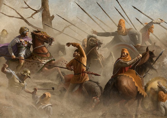 3. Alexander trực tiếp dẫn kỵ binh xung phong. Ông đánh thẳng vào cánh trái quân Ba Tư, phá vỡ đội hình đối phương và tạo đột biến trên chiến trường. Ảnh: Pinterest.