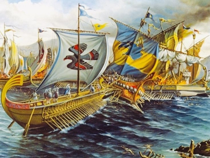 1. Trận Salamis diễn ra ngay sau thất bại của quân Hy Lạp tại Thermopylae. Sau khi vua Leonidas hy sinh tại Thermopylae, Hy Lạp lùi dần về phía nam và chuẩn bị cho một trận phản công lớn trên biển. Ảnh: Pinterest.