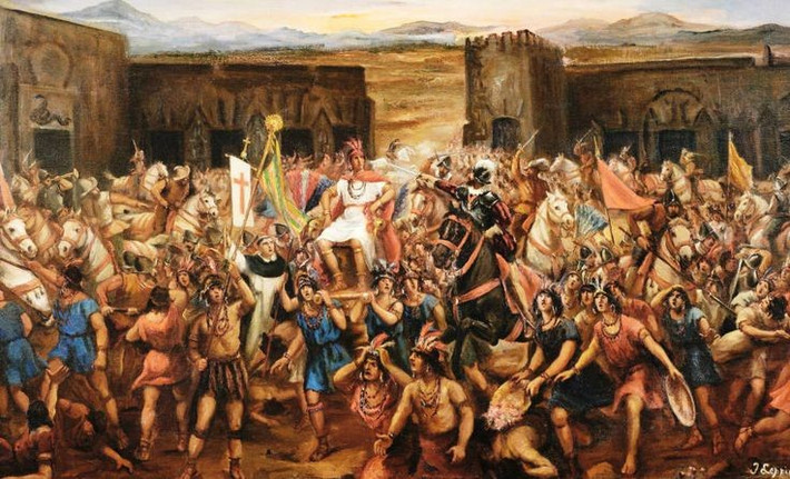 2. Hoàng đế Inca Atahualpa bị rơi vào bẫy. Atahualpa bị dụ vào một cái bẫy, rồi bị bắt giữ ngay giữa quảng trường Cajamarca – sự kiện khiến đế chế Inca mất đi trung tâm quyền lực. Ảnh: Pinterest.