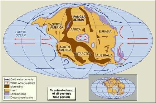 5. Sự phân tách của Pangea tạo ra các châu lục hiện nay. Sự tan vỡ của Pangea dẫn đến hình thành hai khối lớn là Laurasia và Gondwana, từ đó tách tiếp ra thành châu Á, châu Phi, châu Mỹ và các châu lục hiện đại. Ảnh: Pinterest.