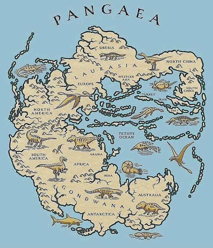  1. Pangea tồn tại cách đây khoảng 335–175 triệu năm. Siêu lục địa này hình thành vào cuối kỷ Than đá và bắt đầu tách ra vào kỷ Jura, là phần quan trọng trong lịch sử kiến tạo địa chất. Ảnh: Pinterest.