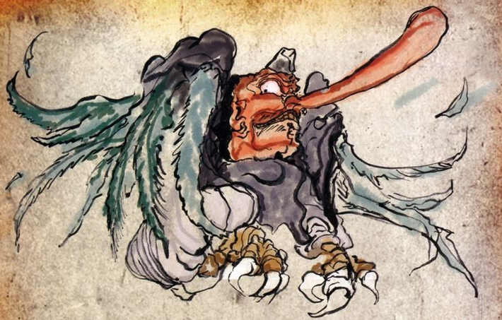 2. Hình dáng đặc trưng. Tengu thường được miêu tả với khuôn mặt đỏ, mũi dài và đôi cánh chim, mang dáng vẻ nửa thần thánh nửa ma quái. Ảnh: Pinterest.