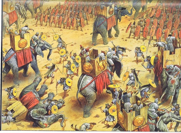 6. Quân đội La Mã tổ chức đội hình chống voi rất thông minh. Scipio bố trí quân theo hàng dọc với các khoảng trống lớn ở giữa, tạo lối đi cho voi chiến lao qua mà không phá vỡ đội hình chính. Ảnh: Pinterest.