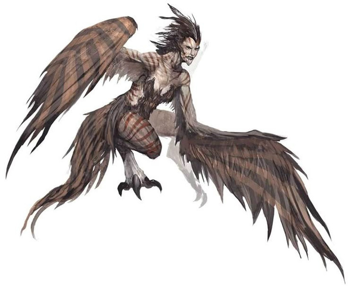  1. Harpy là những sinh vật lai giữa người và chim. Chúng thường được mô tả với khuôn mặt phụ nữ và thân thể chim săn mồi, mang vẻ đẹp dữ tợn và u ám. Ảnh: Pinterest.