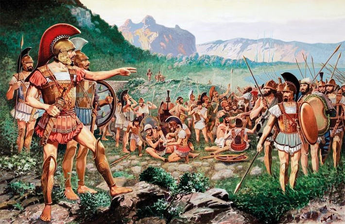 6. Leonidas tử trận cùng hầu hết các chiến binh. Vua Leonidas cùng gần như toàn bộ đội quân tử thủ đã hy sinh, nhưng cái chết của họ khơi dậy làn sóng đoàn kết trong các thành bang Hy Lạp. Ảnh: Pinterest.
