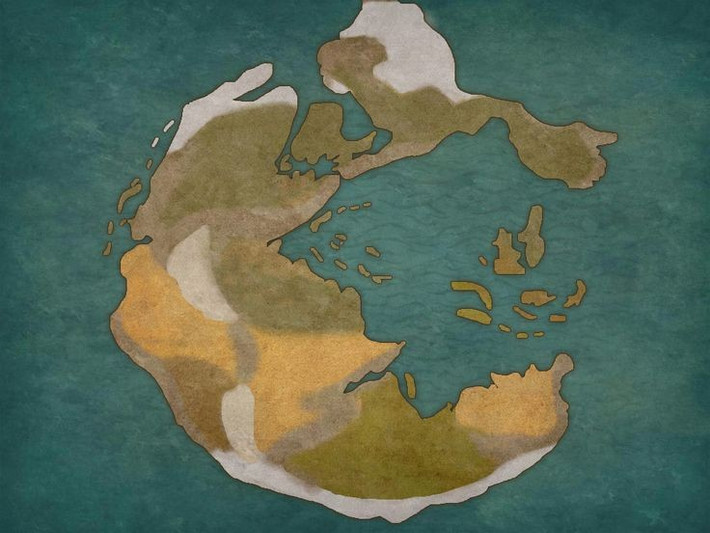 2. Là lục địa lớn nhất từng tồn tại trên Trái Đất. Pangea bao phủ gần như toàn bộ diện tích đất liền trên hành tinh, nối liền các khối lục địa ngày nay thành một khối duy nhất khổng lồ. Ảnh: Pinterest.