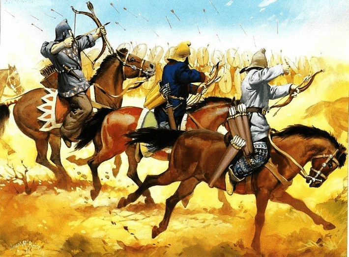 3. Người Parthia bắn tên "không bao giờ hết". Quân Parthia sử dụng lạc đà để vận chuyển hàng ngàn mũi tên, cho phép cung thủ thay tên liên tục và duy trì áp lực suốt cả ngày – một chiến thuật khiến quân La Mã kiệt sức. Ảnh: Pinterest.