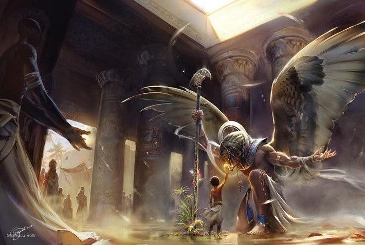 6. Thần Isis – mẹ của Horus – đóng vai trò quan trọng. Bà giúp con trai nhiều lần, kể cả dùng mưu mẹo để làm suy yếu Seth trong các phiên xử trước hội đồng thần thánh. Ảnh: Pinterest.