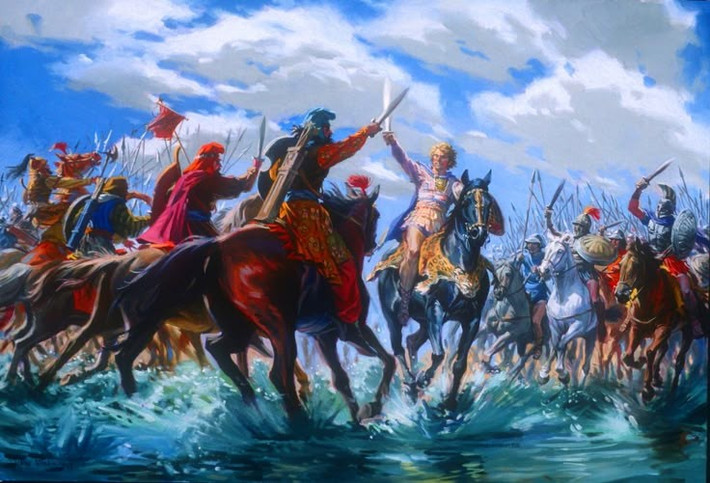 2. Diễn ra bên bờ sông với địa hình bất lợi cho quân Hy Lạp. Alexander đã cho quân vượt sông trong khi quân Ba Tư phòng thủ ở bờ cao hơn, nhưng ông vẫn giành được thắng lợi bằng chiến thuật đột phá trung lộ đầy táo bạo. Ảnh: Pinterest.