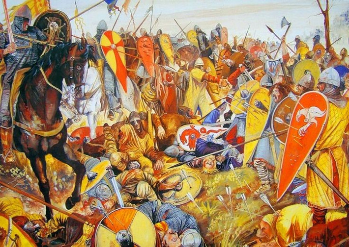 4. Quân Norman dùng chiến thuật giả thua. Kỵ binh của William giả vờ rút lui, dụ quân Anglo-Saxon đuổi theo và tự phá vỡ đội hình phòng thủ, từ đó lật ngược thế trận. Ảnh: Pinterest.