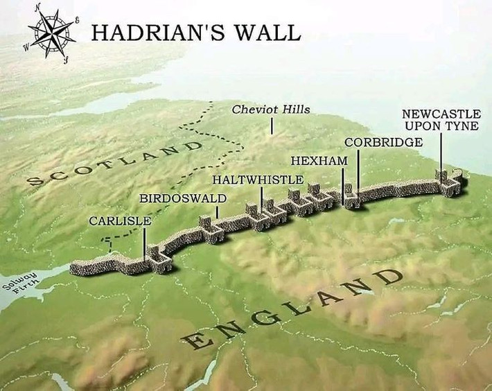 2. Dài khoảng 117 km, từ biển Irish đến biển Bắc. Bức tường trải dài từ Wallsend ở phía đông đến Bowness-on-Solway ở phía tây, cắt ngang đảo Anh như một ranh giới quân sự và hành chính. Ảnh: Pinterest.
