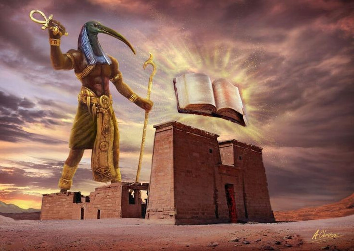 5. Có vai trò quan trọng trong thần thoại sáng thế Ai Cập. Thoth được cho là người trung gian giữ sự cân bằng giữa các thế lực hỗn mang và trật tự, giúp thần Ra chiến đấu với con quái vật Apophis mỗi đêm. Ảnh: Pinterest.