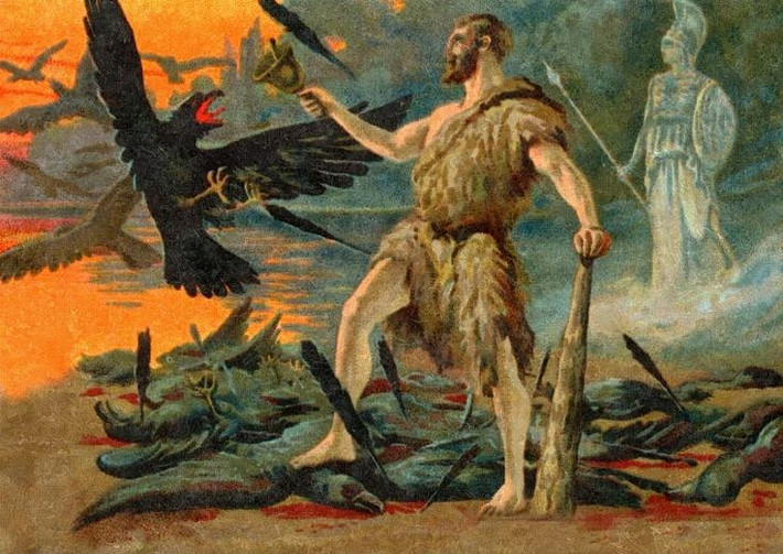 6. Athena trao vũ khí đặc biệt để đối phó. Nữ thần Athena tặng Heracles một chiếc xúc xắc lắc bằng đồng do Hephaestus chế tạo, tạo âm thanh lớn khiến chim bay ra khỏi nơi ẩn náu. Ảnh: Pinterest.