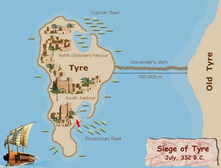 2. Alexander phải xây một con đê dài để tiến công. Không có hải quân, Alexander buộc phải cho xây một con đê nối từ đất liền ra đảo, vừa làm đường tiến quân, vừa làm điểm tựa tấn công pháo đài. Ảnh: Pinterest.