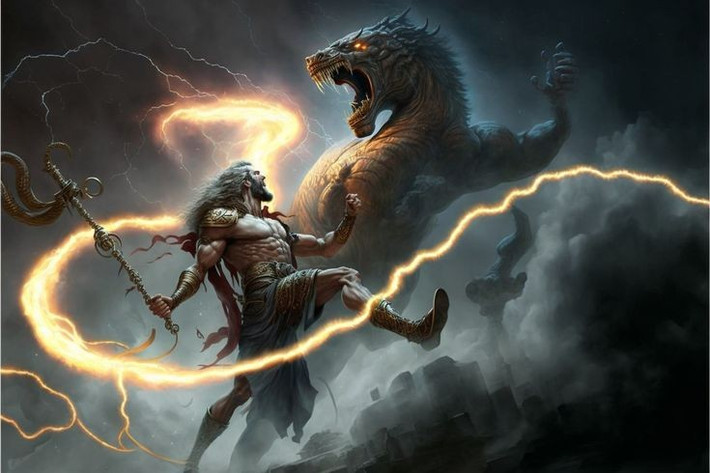 5. Cuộc chiến với Zeus. Typhon từng đối đầu trực diện với Zeus trong một trận chiến dữ dội, khiến cả trời đất rung chuyển. Ảnh: Pinterest.