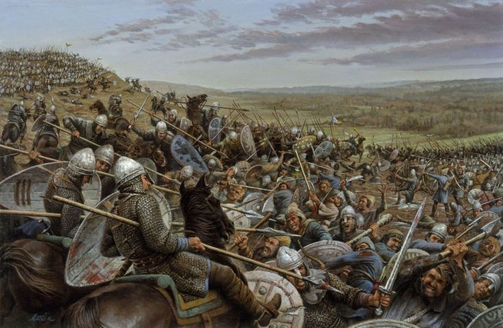 1. Xảy ra vào ngày 14/10/1066. Trận đánh diễn ra gần thị trấn Hastings ở miền nam nước Anh, giữa quân Norman của William và quân Anglo-Saxon do vua Harold Godwinson chỉ huy. Ảnh: Pinterest.