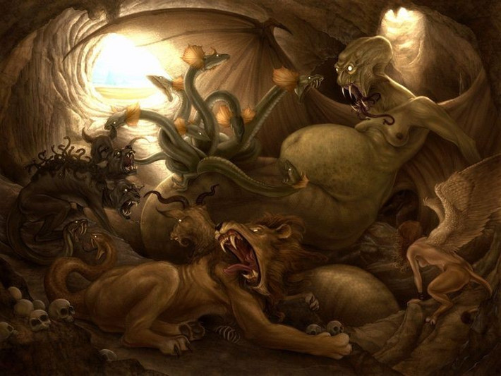 Con cháu Echidna để lại dấu ấn sâu đậm trong thần thoại Hy Lạp. Cerberus canh cổng địa ngục, Hydra bị Heracles giết, và Chimera gieo rắc nỗi kinh hoàng khắp Hy Lạp. Ảnh: Pinterest.