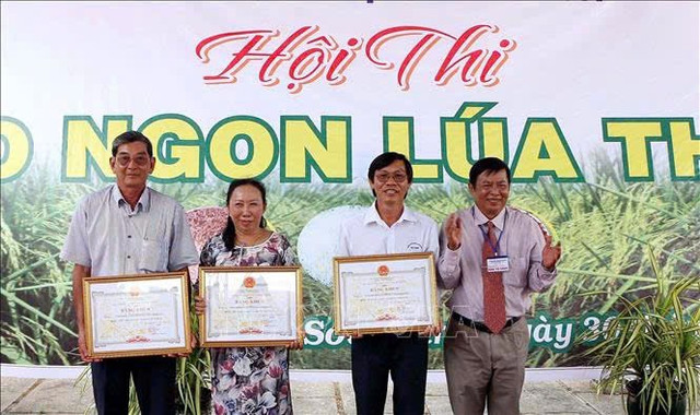 TS Trần Tấn Phương (thứ hai từ phải qua) cùng các tác giả trong nhóm lai tạo giống lúa ST24, ST 25 nhận giải Hội thi giống lúa ngon nhất Sóc Trăng. Ảnh: Trung Hiếu, TTX. tien-si-tran-tan-phuong-2.jpg