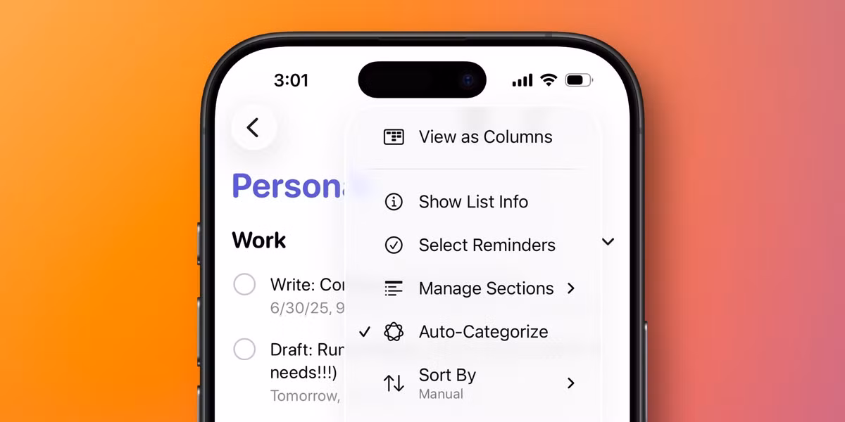  Gợi ý nhắc nhở và tổ chức. Trong iOS 26, Apple Intelligence hỗ trợ hai tính năng mới của ứng dụng Nhắc nhở: Gợi ý Tổ chức Với AI, tính năng Nhắc nhở sẽ đề xuất tạo nhiệm vụ hoặc mặt hàng tạp hóa mới dựa trên văn bản được phát hiện trên thiết bị trong iMessages, email, v.v. của bạn. Về mặt tổ chức, Reminders cũng có thể tự động phân loại danh sách nhiệm vụ thành các phần khác nhau bằng AI.