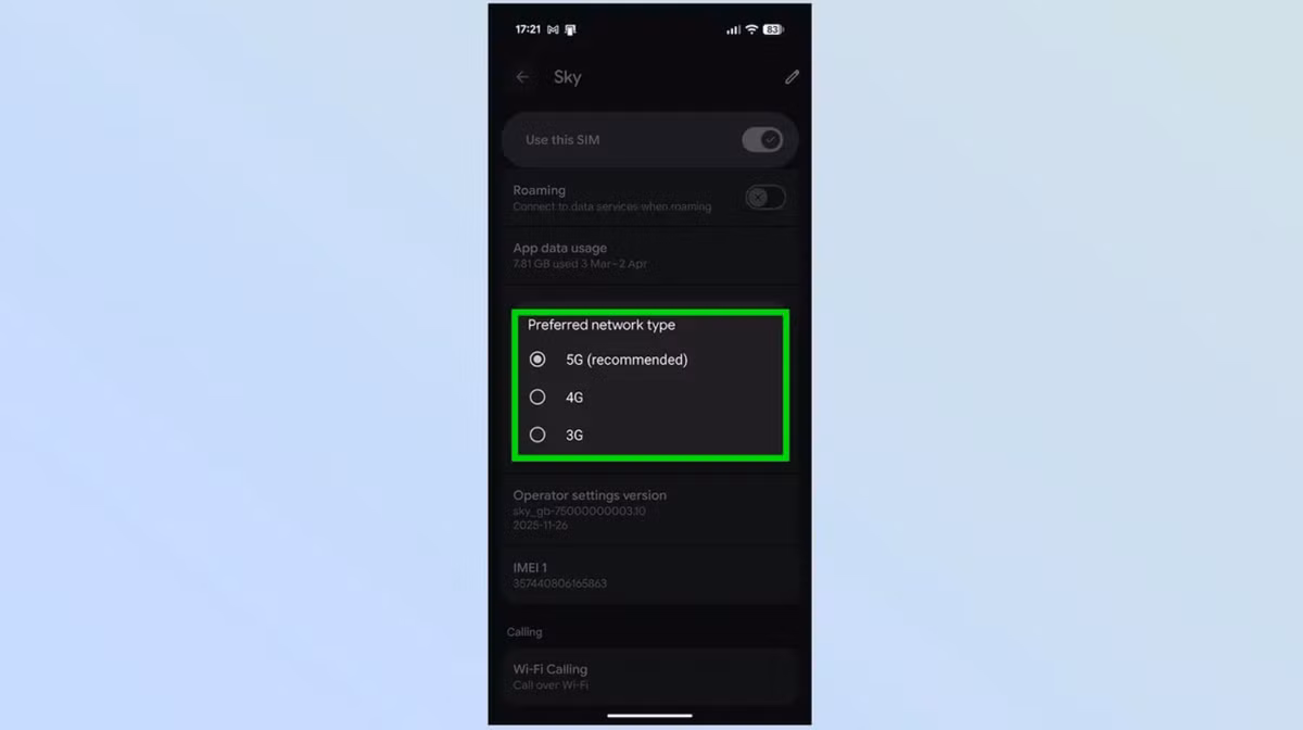 Vào Cài đặt (Settings) > Mạng - Network (hoặc Kết nối) > SIM > Chọn SIM của bạn > Loại mạng ưu tiên (Preferred Network Type) > 4G/LTE
