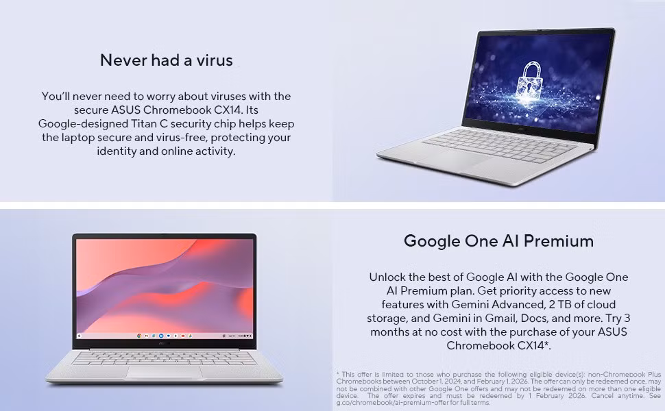 Chromebook CX1 còn tích hợp chip bảo mật Titan C, đạt tiêu chuẩn độ bền quân sự MIL-STD 810H. Kết nối bao gồm Wi-Fi 6, Bluetooth 5.4, cổng HDMI, USB-A, hai cổng USB-C và jack tai nghe 3,5 mm. Pin 42Wh hỗ trợ sạc 45W qua USB-C.