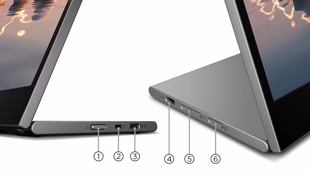 Thiết bị sở hữu 6 cổng kết nối bao gồm cổng nguồn (USB Type-C 65W), Khóa Kensington, 2 cổng USB Type-C. Ngoài ra, còn 3 nút chức năng gồm Menu và điều chỉnh độ sáng +/- đồng thời kiêm chức năng tùy chọn trong menu.