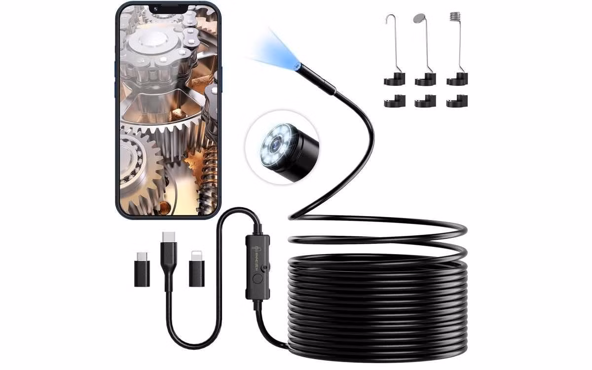 Mặc dù không phải là thứ bạn sẽ sử dụng hàng ngày, nhưng camera nội soi này chắc chắn sẽ rất hữu ích trong nhiều tình huống. Bạn chỉ cần cắm nó vào điện thoại, cài đặt ứng dụng và xem mọi thứ camera làm được. Nó có thể được dùng để tìm bất cứ thứ gì họ đánh rơi sau bàn làm việc, khi đang sửa xe, hoặc tìm kiếm rò rỉ đường ống. Vì nó được trang bị chuẩn chống nước để có thể tìm chiếc nhẫn bị rơi vào bồn rửa hay thậm chí là đi câu cá. Camera sẽ đi kèm với một dây cáp bán cứng dài và một số phụ kiện như móc, nam châm và gương.