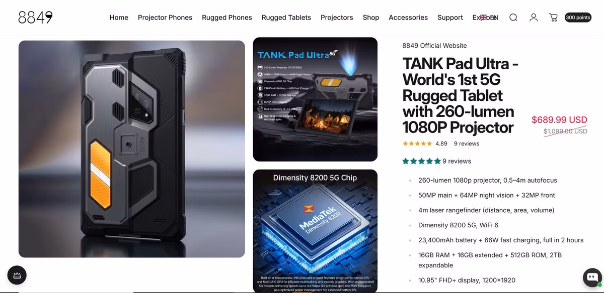 Tương tự như smartphone, máy tính bảng mà 8849 sản xuất cũng đều sở hữu máy chiếu tích hợp, pin siêu trâu, cấu hình thuộc hàng flagship. Hãng cũng rất chú trọng đến độ phân giải màn hình. Các sản phẩm đều có độ phân giải tối thiểu FHD, cao nhất lên đến 3K Amoled trên mẫu Tank 5.