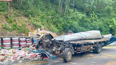 Xe tải đâm vào tường phòng vệ lốp bên phải đường, tài xế tử vong