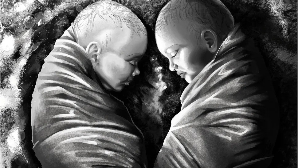 Một nghiên cứu mới công bố hé lộ gần 2.000 năm trước, cặp song sinh khác trứng (gồm 1 trai, 1 gái) được chôn cất đối diện nhau tại một nghĩa trang ngày nay thuộc lãnh thổ Croatia. Ảnh: Drawing from M. Daniel Watkins, CC BY-NC-ND 4.0.