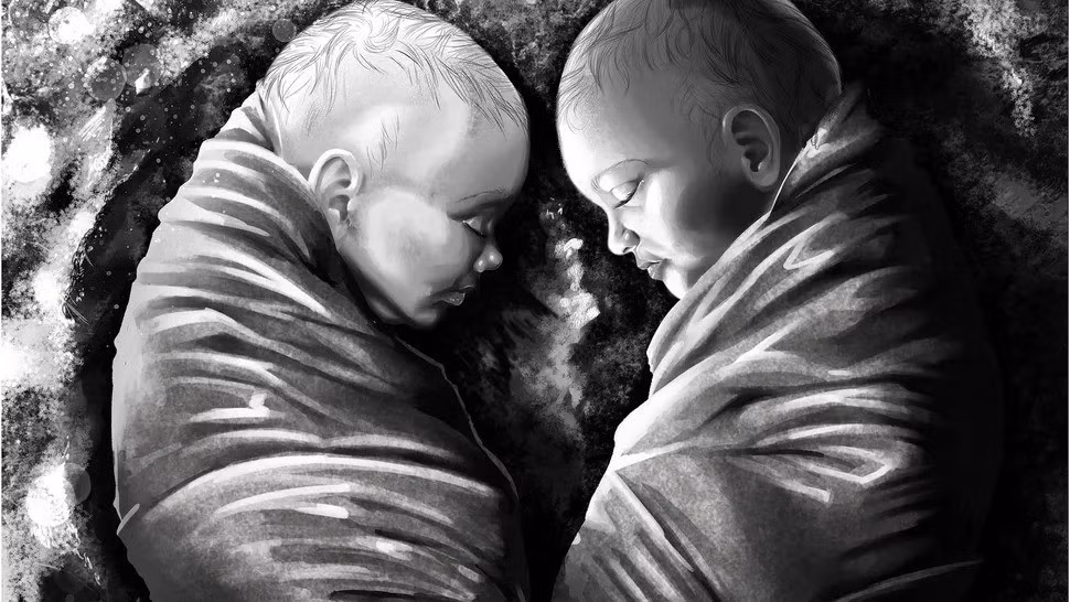 Một nghiên cứu mới công bố hé lộ gần 2.000 năm trước, cặp song sinh khác trứng (gồm 1 trai, 1 gái) được chôn cất đối diện nhau tại một nghĩa trang ngày nay thuộc lãnh thổ Croatia. Ảnh: Drawing from M. Daniel Watkins, CC BY-NC-ND 4.0.