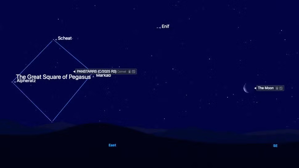 Hiện sao chổi C/2025 R3 cách Trái Đất khoảng 348 triệu km, nằm ở khoảng giữa quỹ đạo của sao Mộc và sao Hỏa. Vật thể đang nhanh chóng tiến đến gần chúng ta. Theo ước tính, thời gian sao chổi này đạt điểm cận nhật là ngày 20/4, với khoảng cách so với Mặt trời chỉ còn 76,3 triệu km, nằm giữa quỹ đạo của sao Thủy và sao Kim. Ảnh: Starry Night.