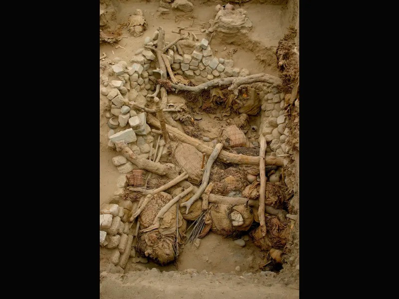 Các nhà nghiên cứu lần đầu tiên phát hiện khu mộ này vào năm 2005 sau một cuộc khảo sát bằng radar xuyên đất. Sau đó, các nhà khảo cổ tiến hành cuộc khai quật và tìm thấy 2 ngôi mộ lớn lót đá gần Đền Pachacamac, cách Lima khoảng 32 km về phía Nam. Bên trong một trong hai ngôi mộ có đồ trang sức làm từ lông vẹt với màu sắc rực rỡ được bảo quản khá tốt qua nhiều thế kỷ. Ảnh: Izumi Shimada.