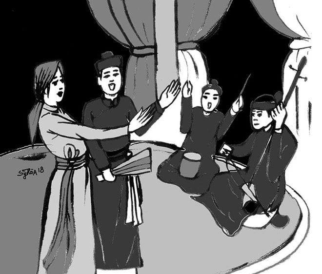 Tranh minh họa cảnh bà Phạm Thị Trân dạy nhạc cho quân lính. Nguồn: Báo Bình Phước.