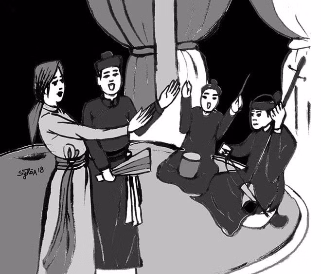 Tranh minh họa cảnh bà Phạm Thị Trân dạy nhạc cho quân lính. Nguồn: Báo Bình Phước.